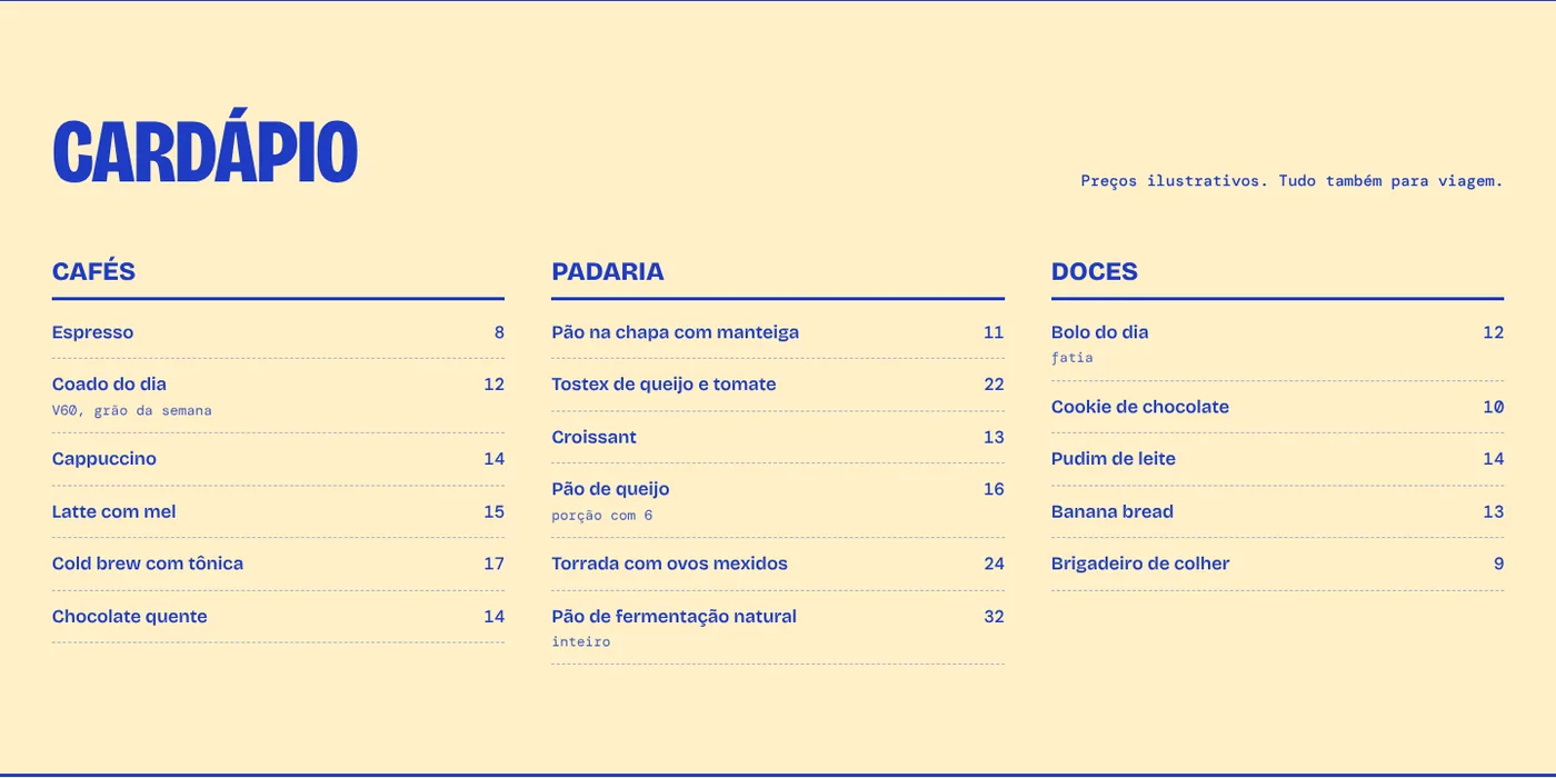 Cardápio do conceito com três colunas: Cafés, Padaria e Doces, preços alinhados à direita.
