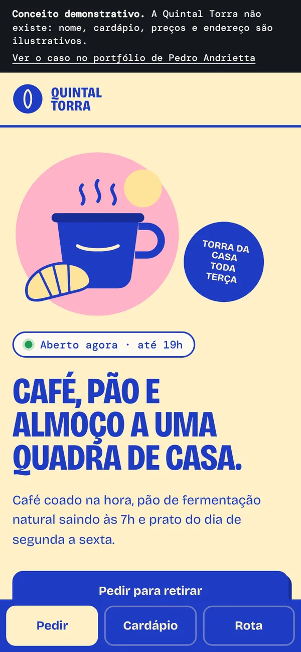 O mesmo conceito no celular, com barra fixa de ações: Pedir, Cardápio e Rota.